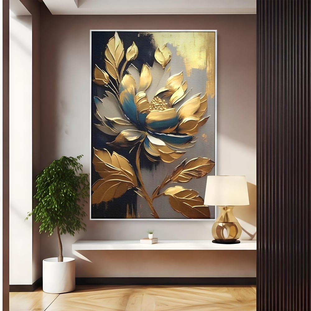 Tablou canvas cu tablou canvas cu floare aurie, in rama de aluminiu argintiu